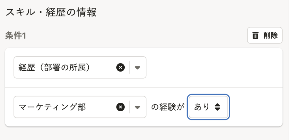 条件1という項目に3つの入力欄がある。入力はすべてコンボボックスで、2つ目と3つ目の入力の間に「の経験が」というテキストがある